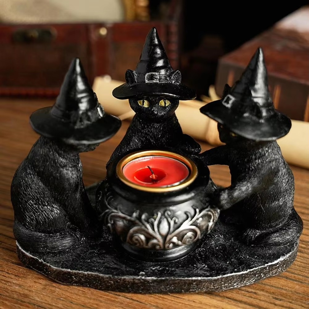 Vintage Black Cat Witch Candle Holder