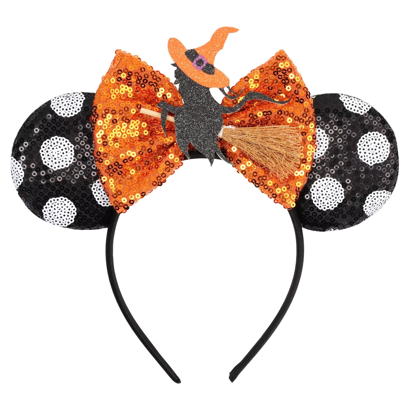 Fluffy ear headbands with large sequin bows in pink and orange