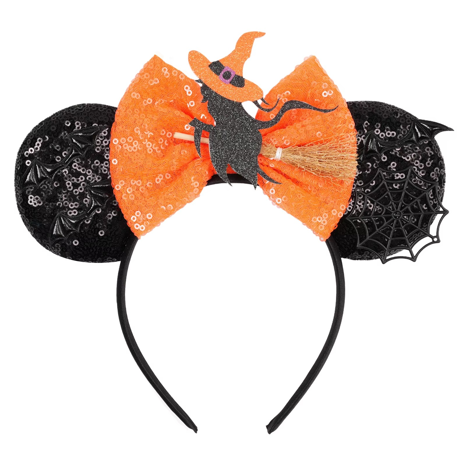 Fluffy ear headbands with large sequin bows in pink and orange