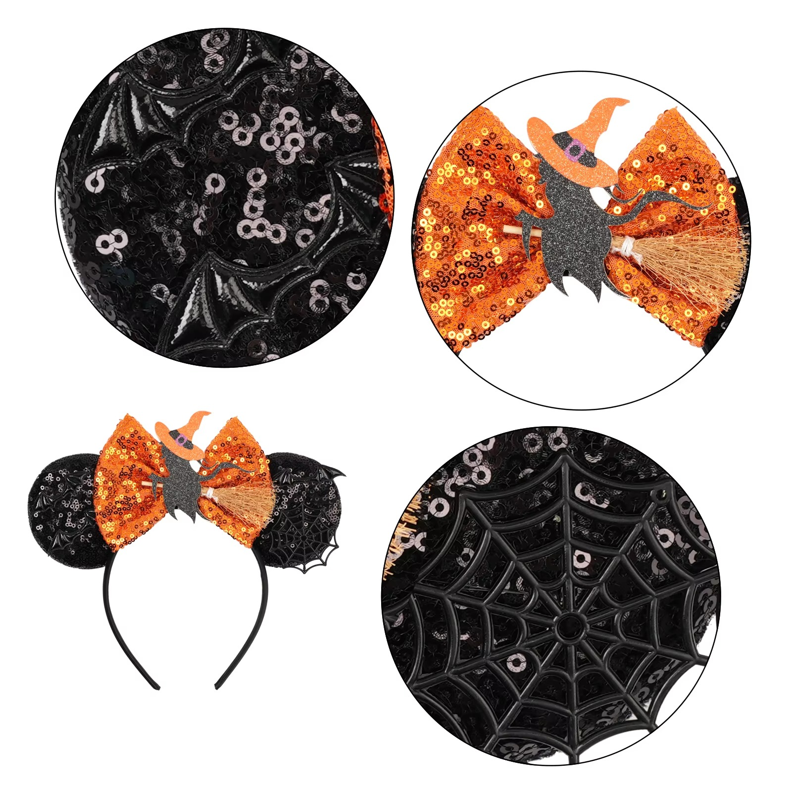 Fluffy ear headbands with large sequin bows in pink and orange