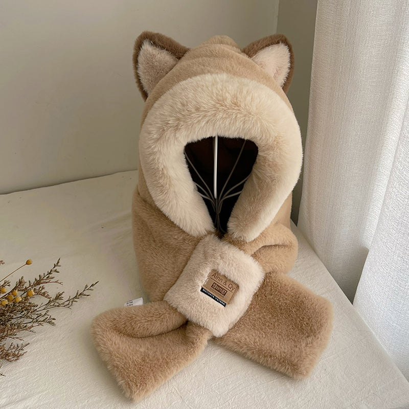 Cuddly Cat Ears Plush Hooded Hat & Scarf