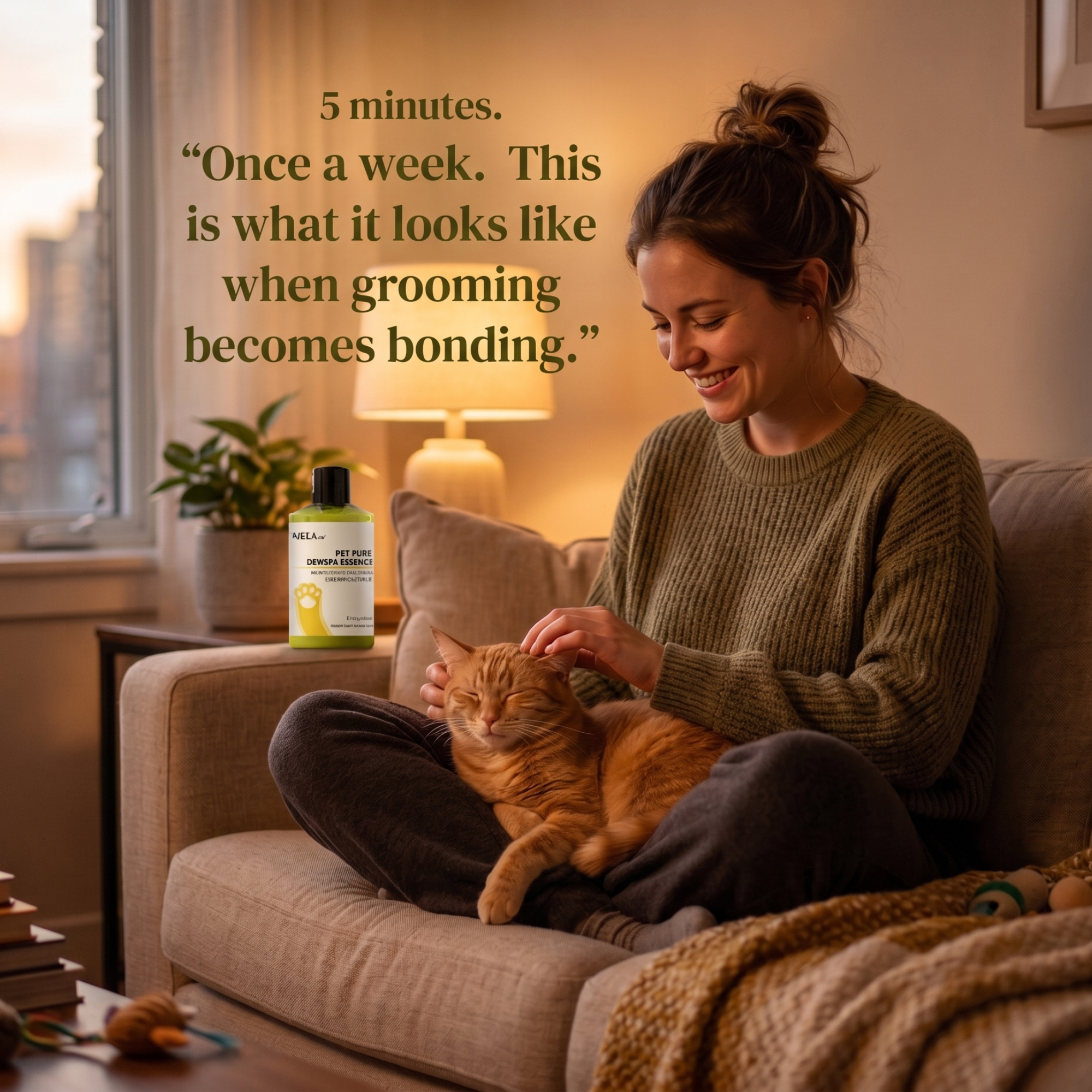 Woman bonding with orange cat using NJULA Pet Pure DewSpa waterless cat shampoo