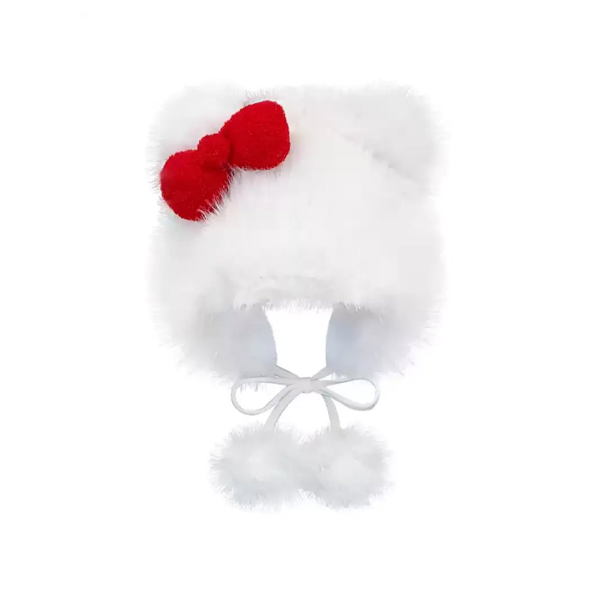 Fluffy Ear-Flap Winter Hat with Red Bow & Pompom Ties in white, front view with tied pompom cords