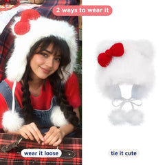 Fluffy Ear-Flap Winter Hat with Red Bow & Pompom Ties in white, two ways to wear the pompom ties