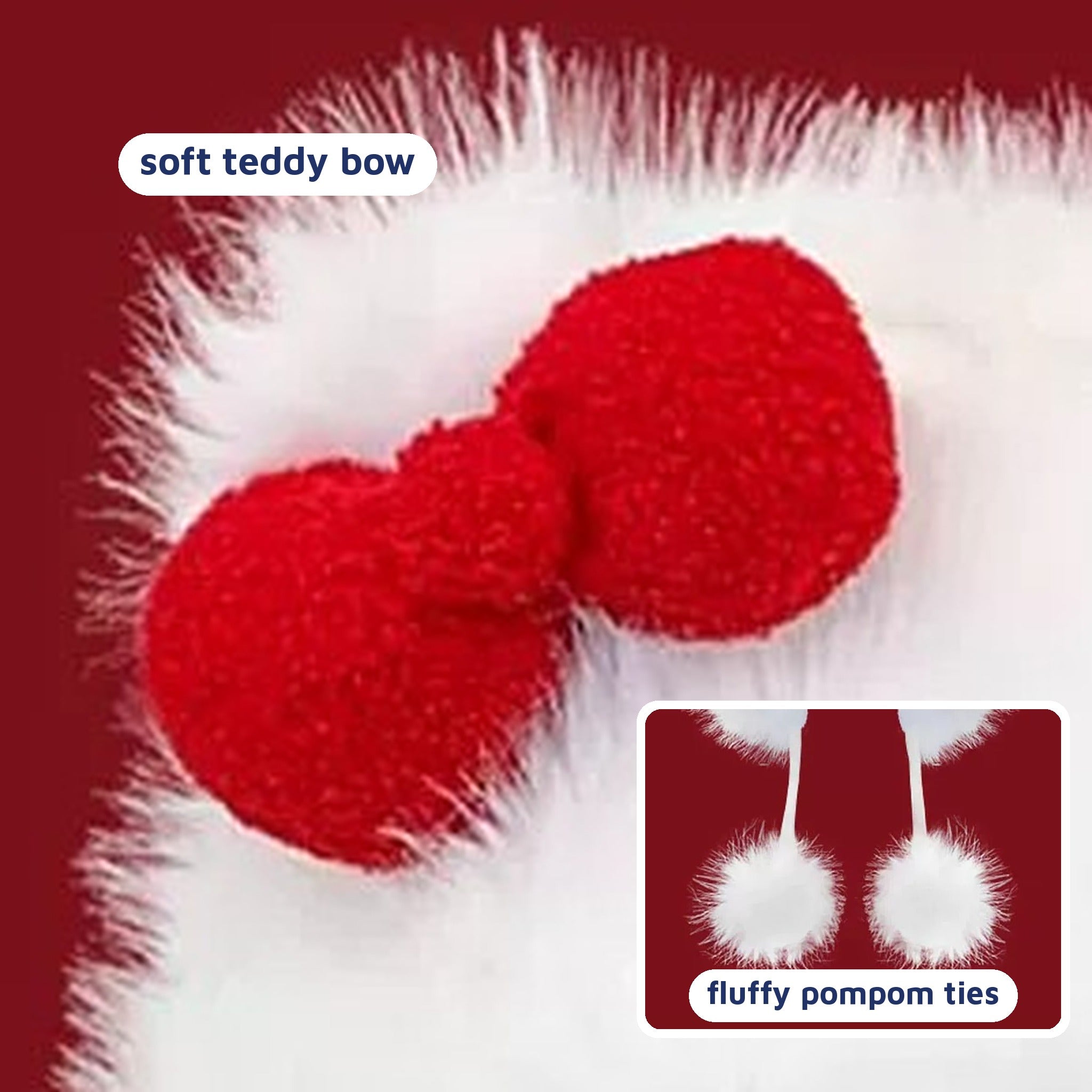 Fluffy Ear-Flap Winter Hat with Red Bow & Pompom Ties in white, red bow and pompom detail