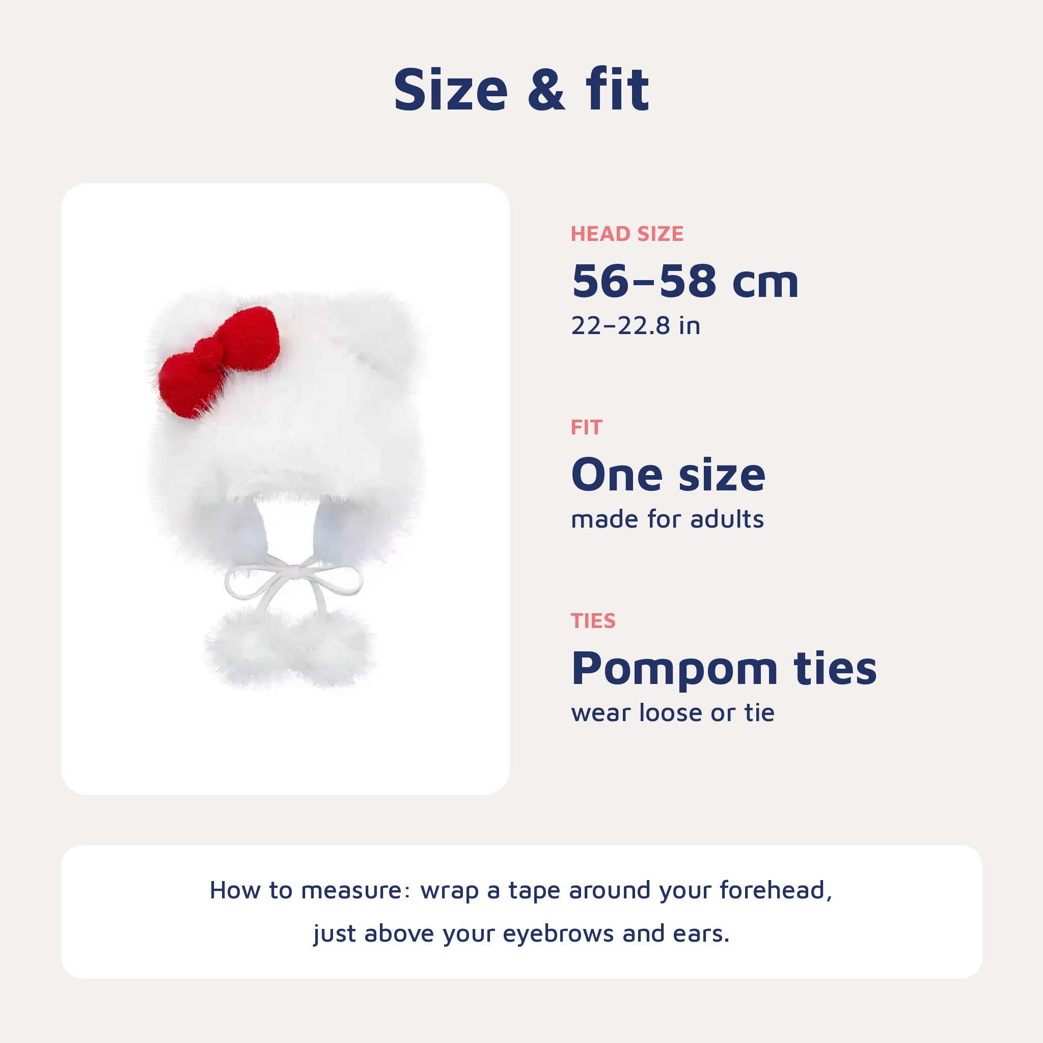 Fluffy Ear-Flap Winter Hat with Red Bow & Pompom Ties in white, size and fit card