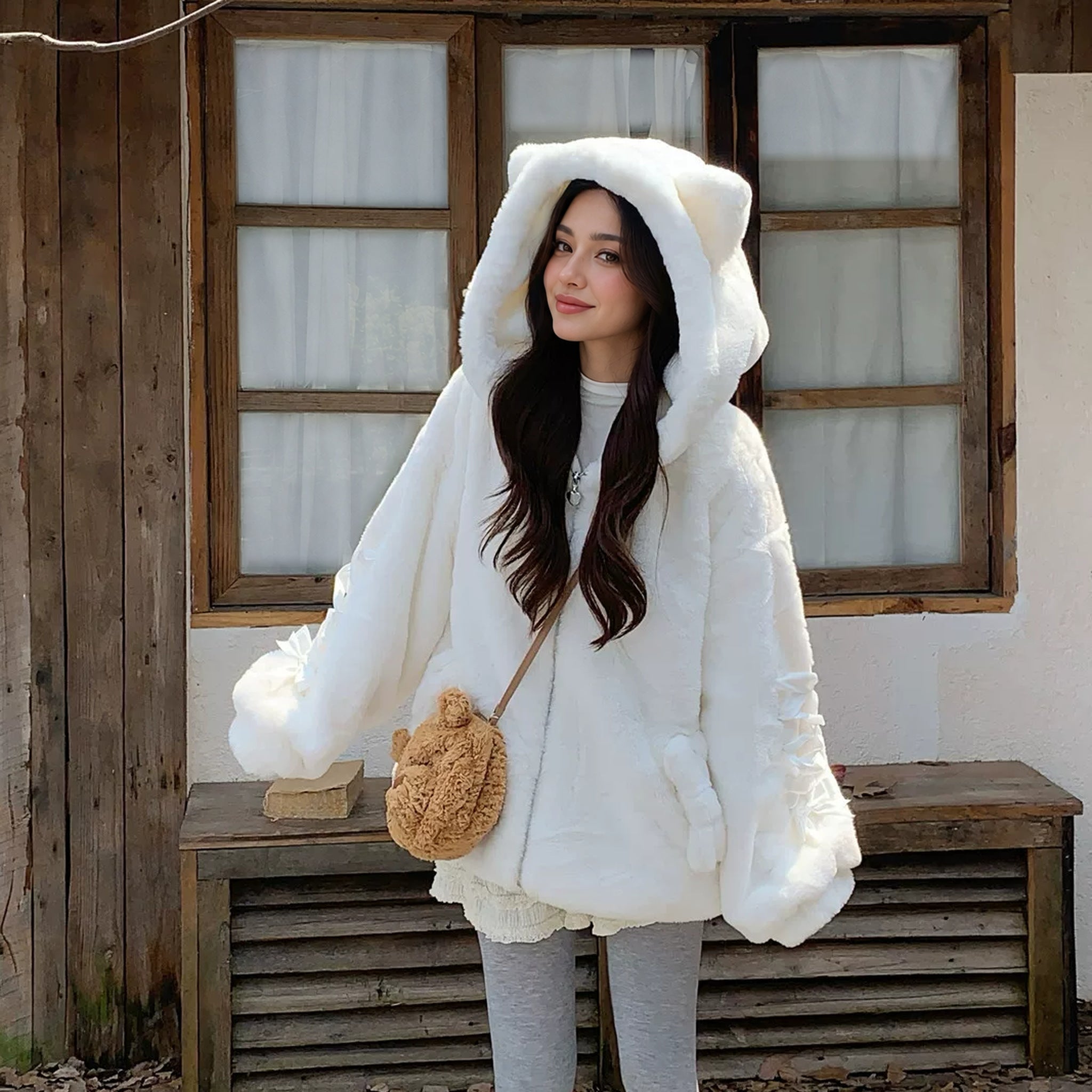 Cat Ear Hood Fluffy Zip Jacket with Ribbon Sleeves in white, worn with the cat-ear hood up
