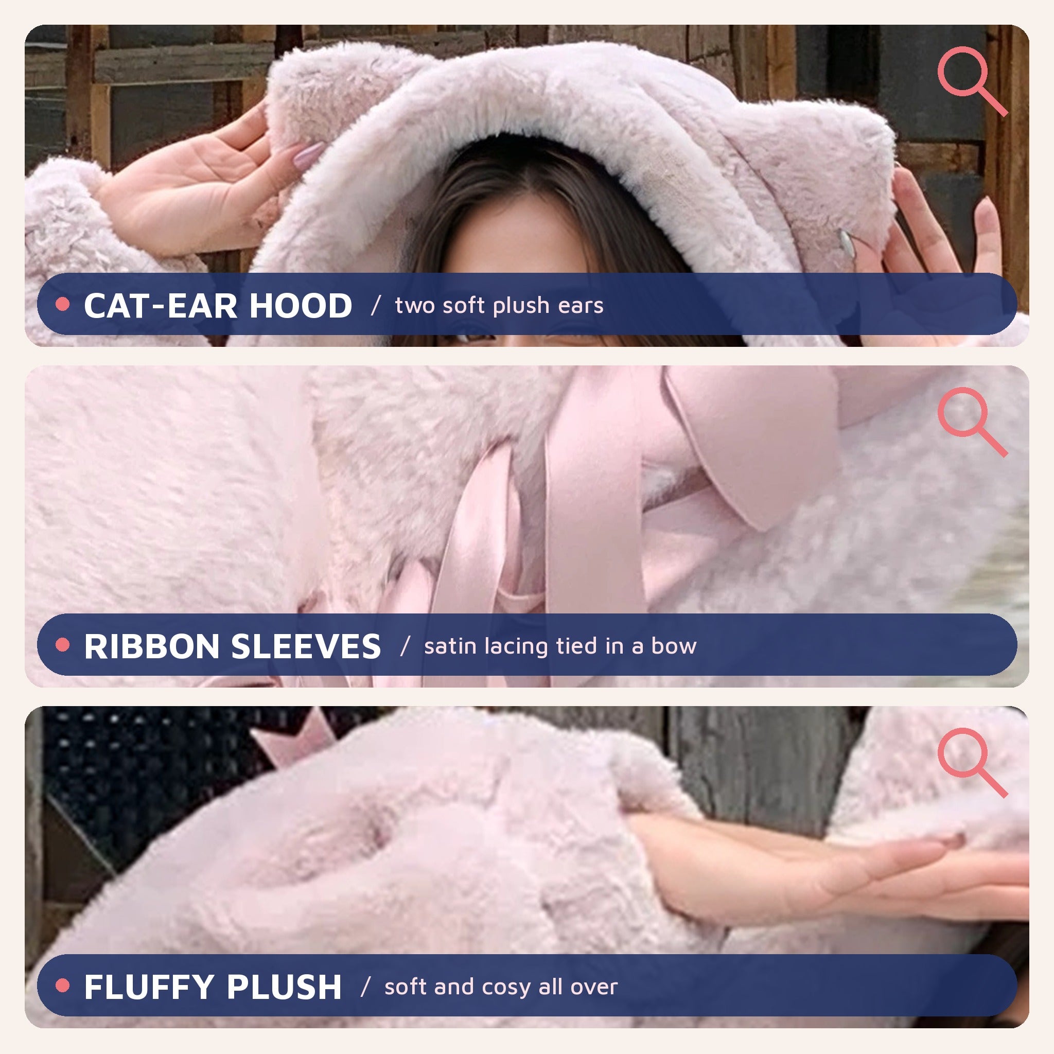 Cat Ear Hood Fluffy Zip Jacket with Ribbon Sleeves in pink, close-ups of the cat-ear hood, ribbon sleeves and plush
