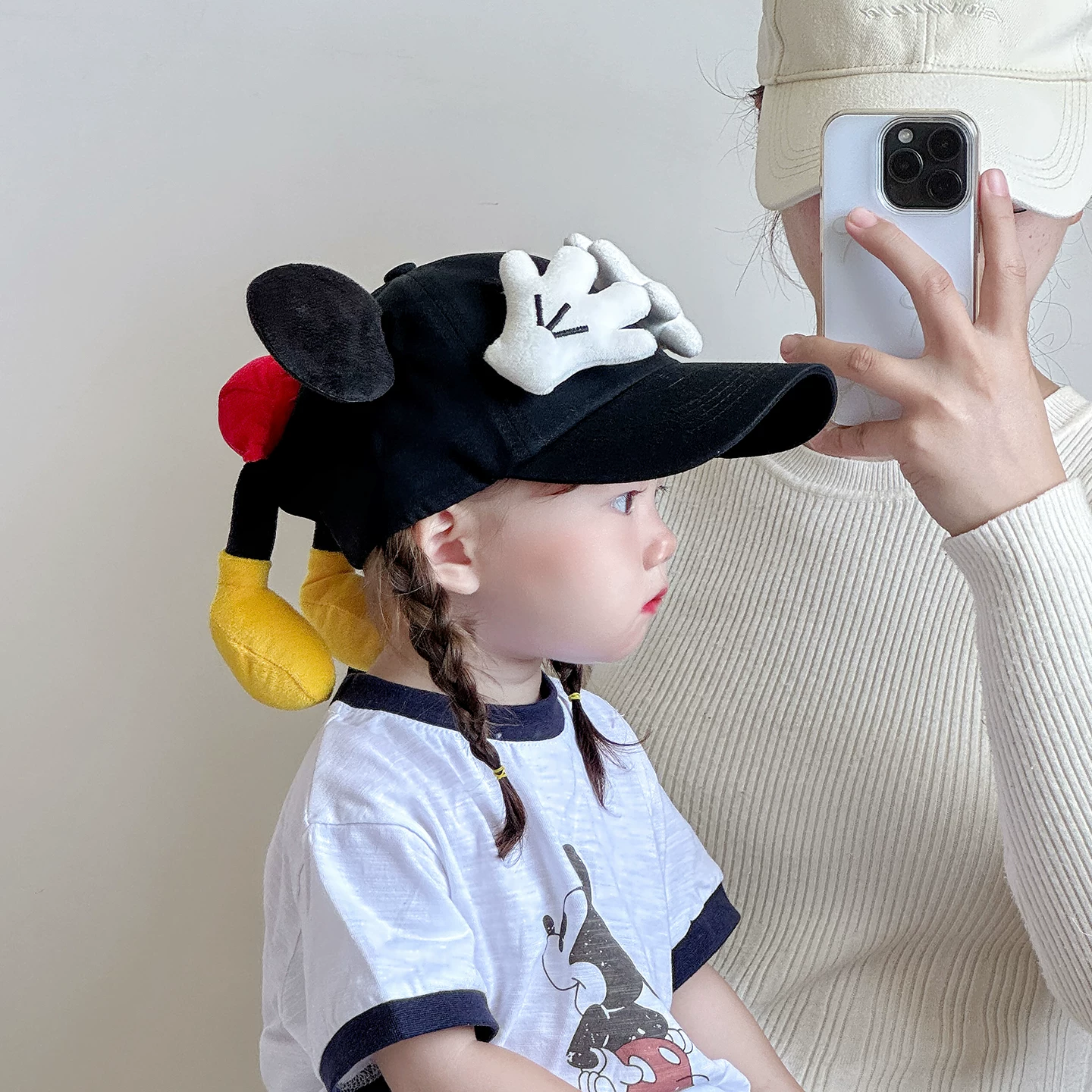 Cute toddler hat with ears and bow in blue, brown, and beige – breathable kids cap for sun protection and outdoor play