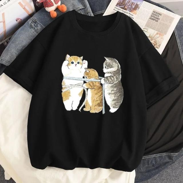 Playful Meow - Cat Anime Oversize T-Shirt [Plus Size Availalbe] - Apparel for Humans - Black-S-