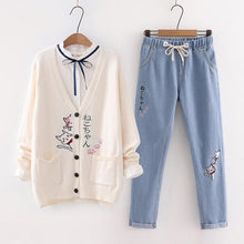 Load image into Gallery viewer, Playful Meow - Cat Embroidery Knitted Cardigan &amp; Denim Jeans- Review
