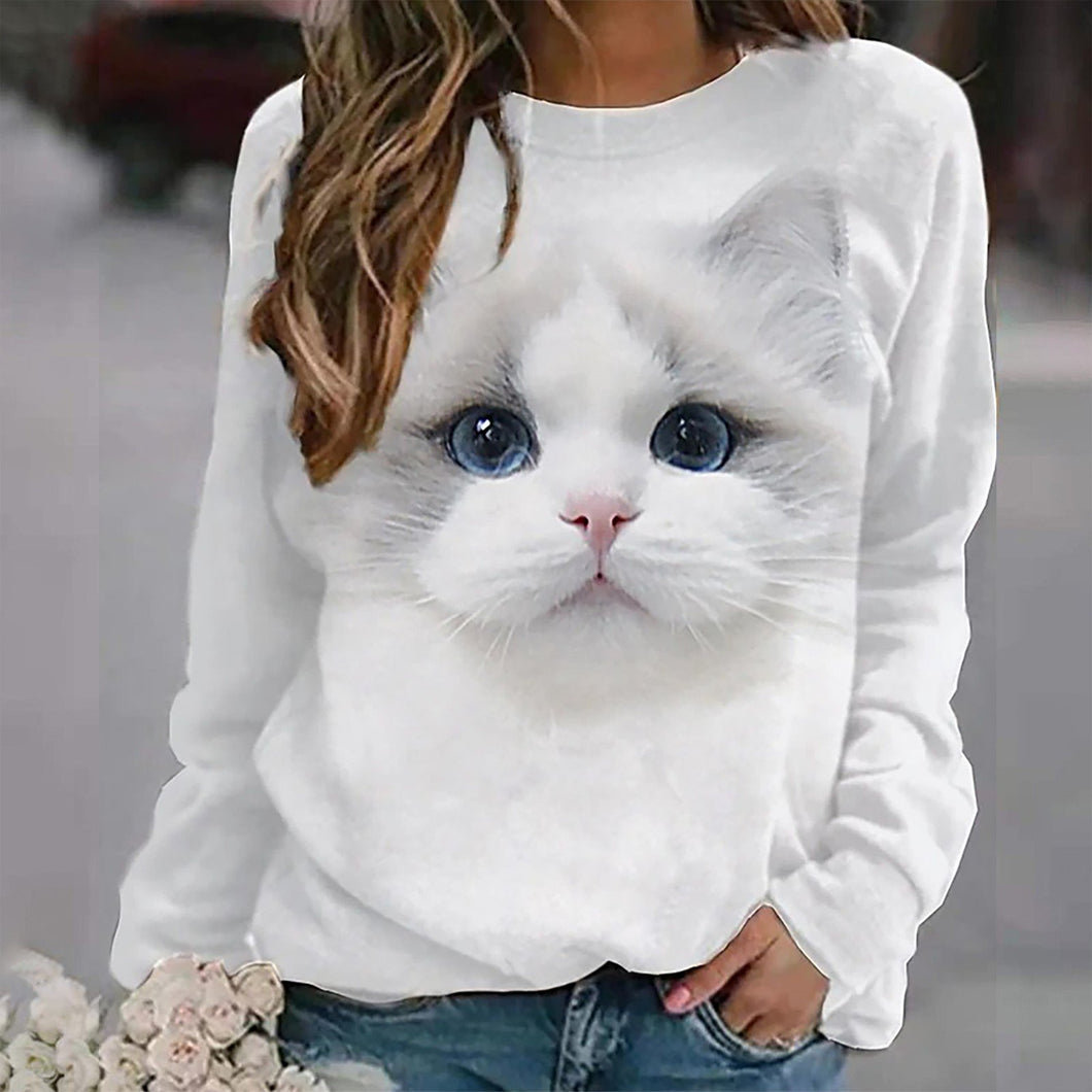 Comfy Vintage Cat Print Pullovers