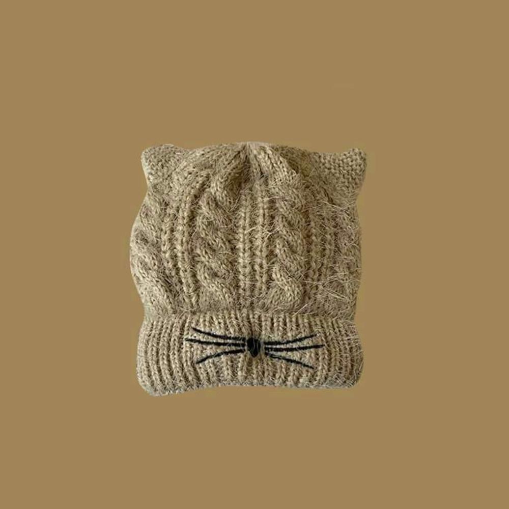 Cute Cat Ears and Whiskers Knitted Beanie