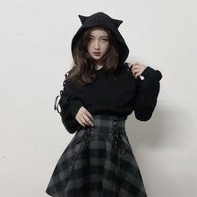 Load image into Gallery viewer, Playful Meow - Kawaii Gothic Black Cat Lace Up Hoodie (Plus size available)- Review

