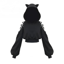 Load image into Gallery viewer, Playful Meow - Kawaii Gothic Black Cat Lace Up Hoodie (Plus size available)- Review
