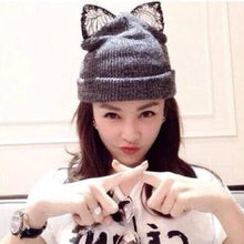 Load image into Gallery viewer, Lace Cat Ears Knitted Beanie
