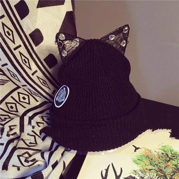 Lace Cat Ears Knitted Beanie