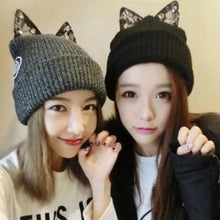 Load image into Gallery viewer, Lace Cat Ears Knitted Beanie
