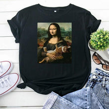 Load image into Gallery viewer, Playful Meow - Mona Lisa Hugging Cat T-Shirt- Review
