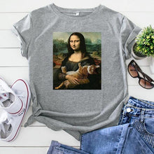Load image into Gallery viewer, Playful Meow - Mona Lisa Hugging Cat T-Shirt- Review
