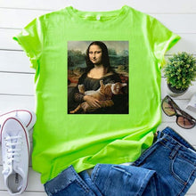 Load image into Gallery viewer, Playful Meow - Mona Lisa Hugging Cat T-Shirt- Review
