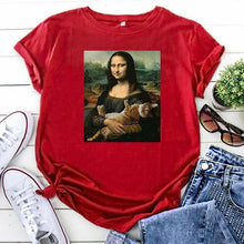 Load image into Gallery viewer, Playful Meow - Mona Lisa Hugging Cat T-Shirt- Review
