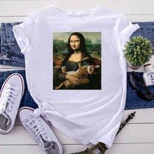 Load image into Gallery viewer, Playful Meow - Mona Lisa Hugging Cat T-Shirt- Review
