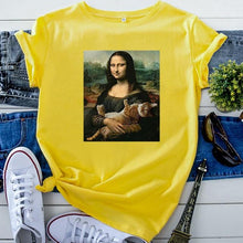 Load image into Gallery viewer, Playful Meow - Mona Lisa Hugging Cat T-Shirt- Review
