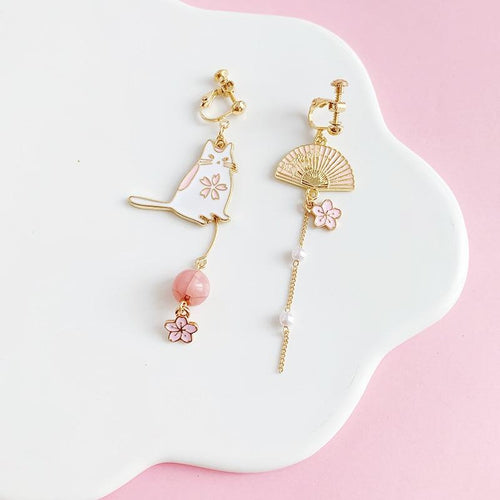 Playful Meow - Pink Sakura Cat Earrings (Clip on available)- Review