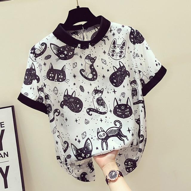 Playful Meow - Retro Slim Cut Top with Cute Cat Print- Review