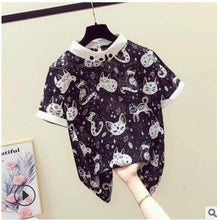 Load image into Gallery viewer, Playful Meow - Retro Slim Cut Top with Cute Cat Print- Review
