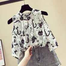 Load image into Gallery viewer, Playful Meow - Retro Slim Cut Top with Cute Cat Print- Review
