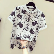 Load image into Gallery viewer, Playful Meow - Retro Slim Cut Top with Cute Cat Print- Review
