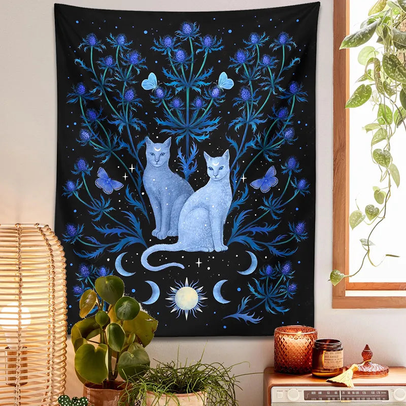 Divine Thistle Cat Tapestry for Mystical Home Aura